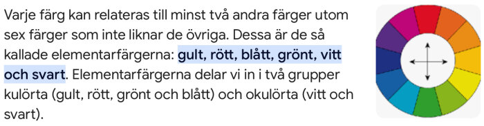 Färgcirkel med elementarfärger: gult, rött, blått, grönt, med svart och vitt som okulörta färger. Indelning i kulörta och okulörta grupper.