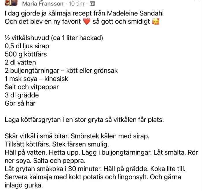 Recept på kålpaj från Madeleine Sandahl med ingredienser som vitkål, sirap, köttfärs och soya. Matlagningstips och serveringsförslag med potatis och lingonsylt.