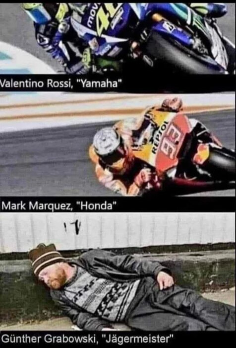 Tre bilder, två med motorcykelåkare på bana märkta "Valentino Rossi, Yamaha" och "Mark Marquez, Honda". Tredje med en man på marken märkta "Günther Grabowski, Jägermeister".