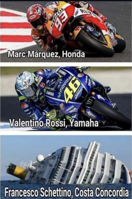 Motorcyklister Marc Márquez och Valentino Rossi, och ett lutande fartyg i havet, Costa Concordia.