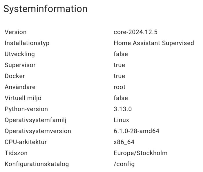 Systeminformation för uppdaterad Home Assistant Supervised version core-2024.12.5, inklusive installationstyp, Docker- och Supervisor-inställningar.