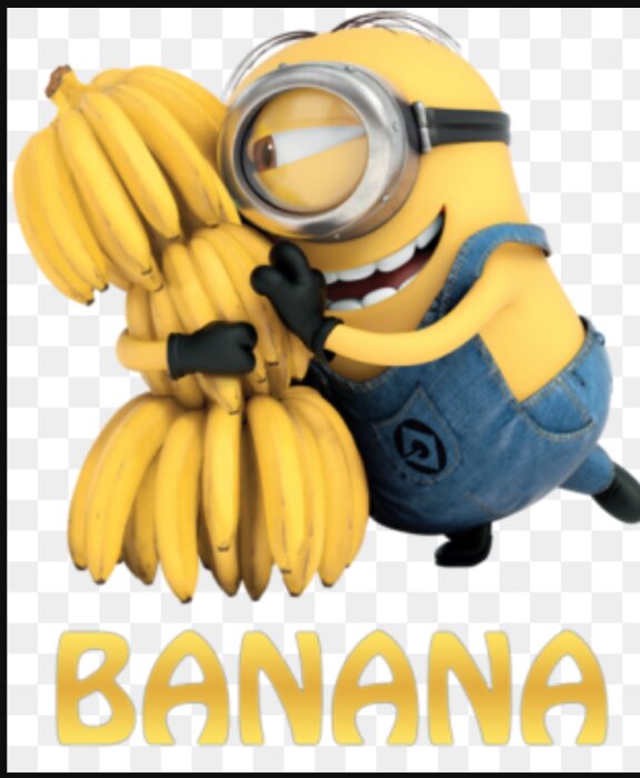 Tecknad figur i blå overall kramar en stor klase gula bananer. Ordet "BANANA" står skrivet under figuren.