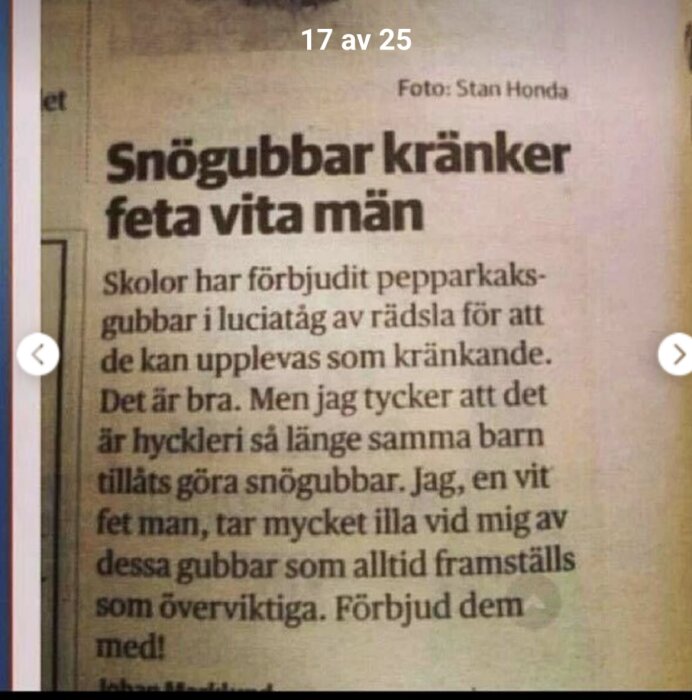 Utdrag ur tidning med rubriken "Snögubbar kränker feta vita män" och text om skolors förbud mot pepparkaksgubbar i luciatåg.