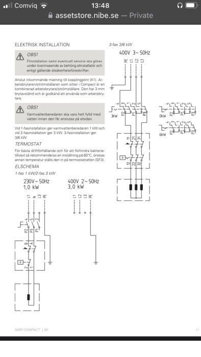 Elektrisk installationsmanual för 3-fas 3/6 kW med elschema och säkerhetsinformation för inkoppling av varmvattenberedare.