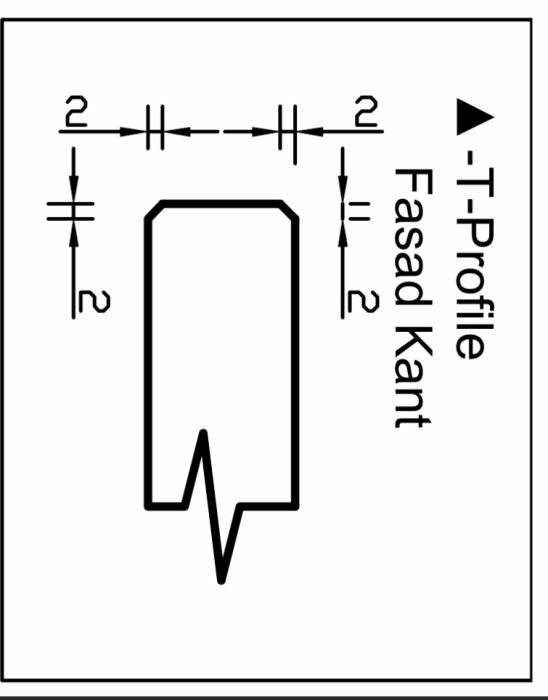 Illustration av en T-profil med fasade kanter och måttangivelser, med fokus på framkantens och stänkskyddets ovansida.