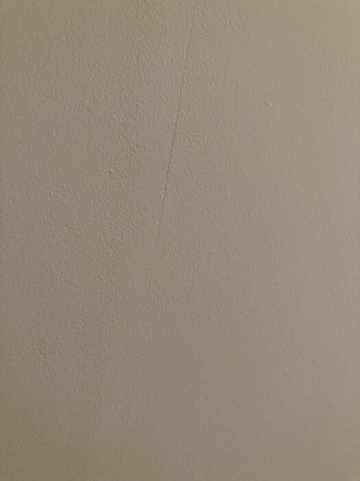 Spricka i vägg med snedtak i ett gammalt hus, visar en vertikal spricka i ytan som behöver renoveras.
