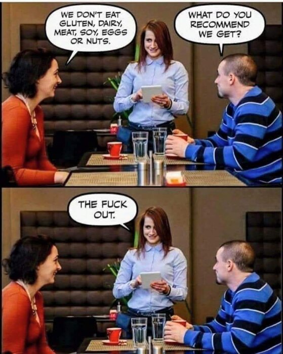En servitris bemöter ett pars dietönskemål i en restaurang, följt av ett sarkastiskt svar i en tvådelad bild.