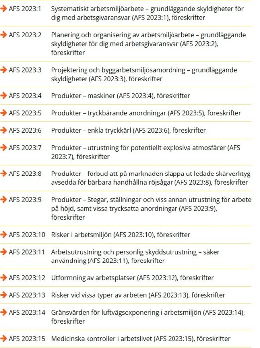 Bilden visar en lista över föreskrifter och regler enligt AFS 2023, inklusive arbetsmiljöarbete, maskiner, riskhantering och medicinska kontroller.