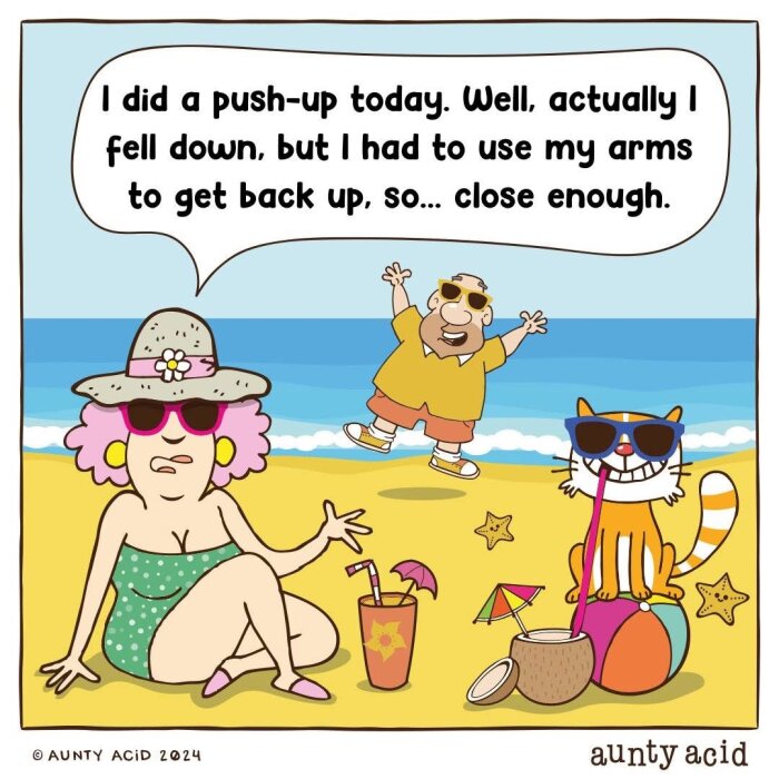 Kvinna, katt, och man på strand med havet i bakgrunden. Kvinna i solhatt, katt med solglasögon bredvid dryck. Man dansar i bakgrunden.