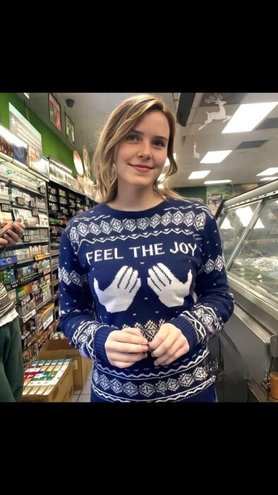 Person i jultröja med texten "Feel the Joy" står i en butik.