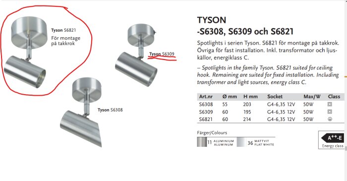 Taklampa Tyson S6821 för takkrok, silverfärgad, cylindrisk form, del av en spotlight-serie för både krok och fast installation.