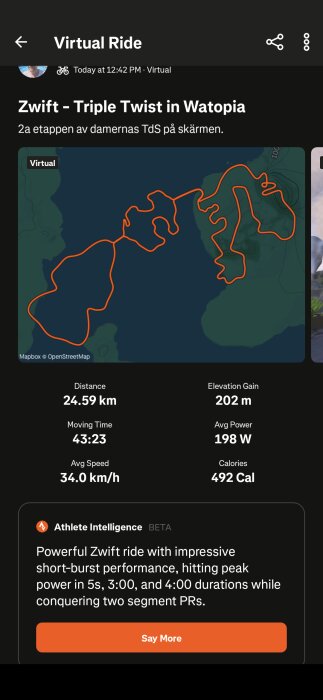 Zwift - Triple Twist in Watopia med karta över cykelruta, distans 24,59 km, elevation 202 m, hastighet 34 km/h, kraft 198 W, kalorier 492, tid 43:23.