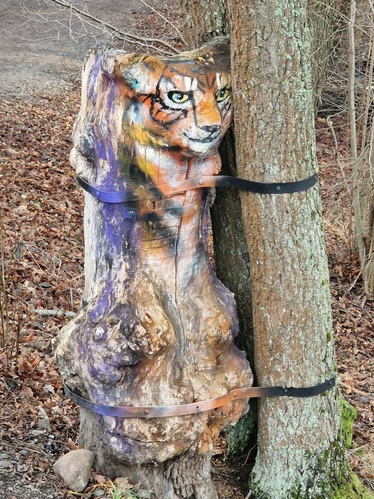 Träskulptur målad med tigeransikte, fastsatt vid ett träd i skogsmiljö, omgiven av höstlöv.