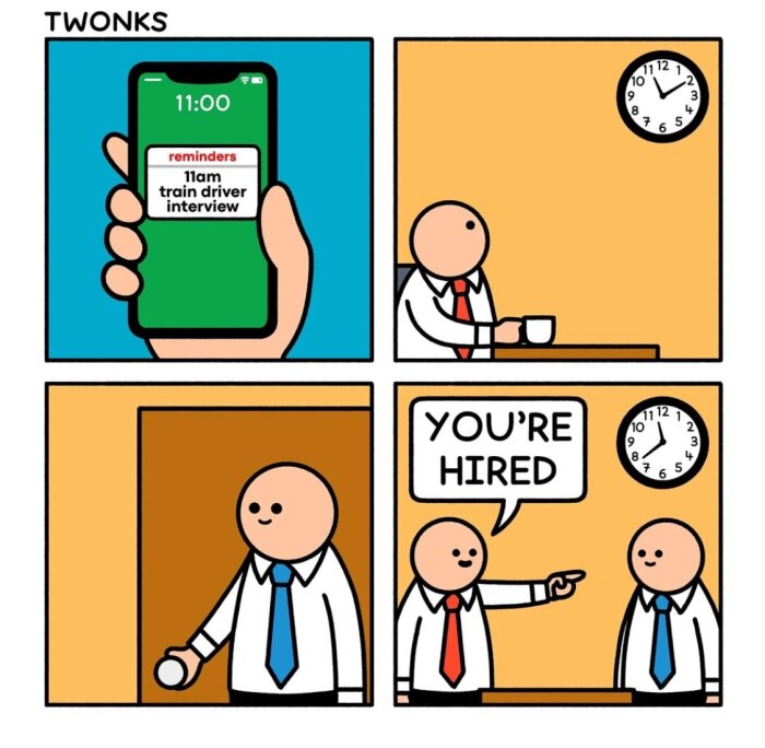 Serie av fyra rutor: personen missar anställningsintervjun för lokförare men får ändå jobbet. Animerat scenario med klocka och dialog.