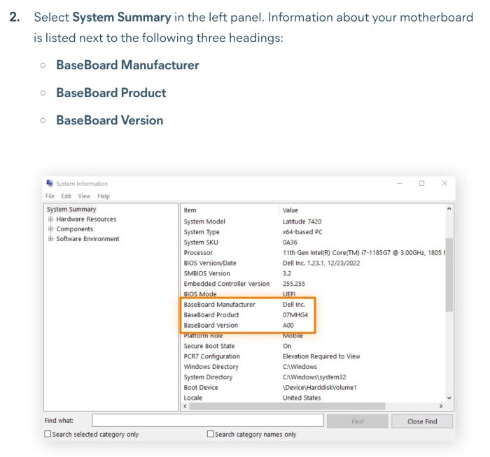 Informationsruta från Windows som visar System Summary med detaljer om BaseBoard-tillverkare, produkt och version, markerad med orange ram.