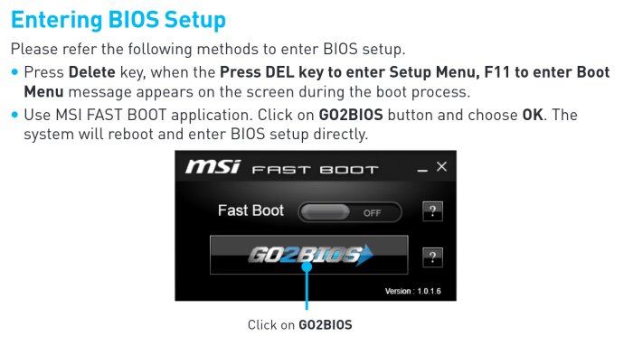 Instruktioner för att komma in i BIOS-inställningarna via MSI Fast Boot och tangentbordskommandon, inklusive en knapp för "GO2BIOS".