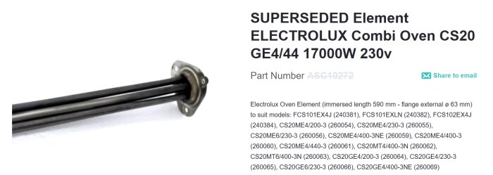 Bild av Electrolux ugnselement GE4/44 på 17 kW, 230V, för Combi Oven CS20. Längd 590 mm, flänsdimension 63 mm. Passar flera modeller.