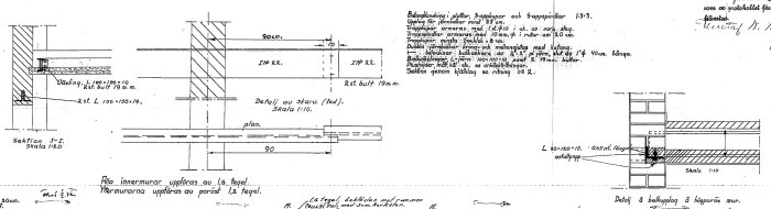 Ritning visar sektion och detaljer av bjälklag med stålbalkar, murverk och dimensioner i ett hus från 1937. Skala och uppbyggnad framgår.