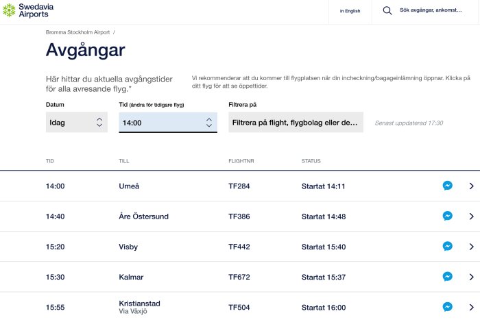 Avgangstavla från Bromma flygplats som visar aktuella avgångar, destinationer och flygstatus för flyg till Umeå, Åre Östersund, Visby, Kalmar och Kristianstad.