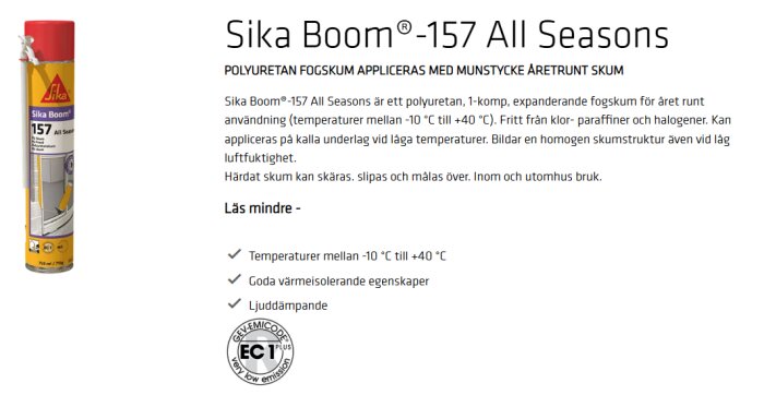 Burk med Sika Boom-157 All Seasons polyuretan fogskum, passar för temperaturer -10°C till +40°C, med värmeisolerande och ljuddämpande egenskaper.