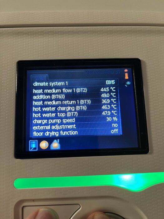 Display av klimatsystem med temperatur- och flödesvärden för värmemedium och varmvatten samt inställningar för laddarpumphastighet och golvtorkningsfunktion.