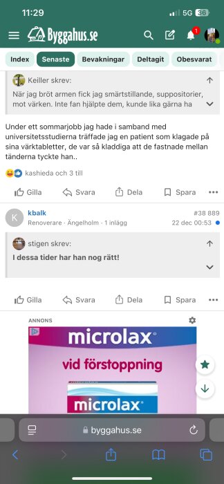 Annons för Microlax mot förstoppning, lila bakgrund med text och förpackning av Microlax.