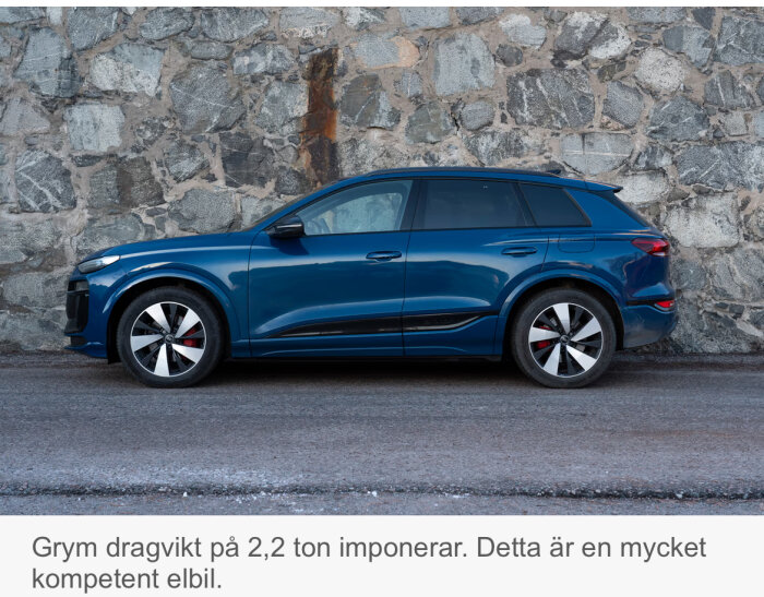 Blå Audi Q6 e-tron elbil parkerad framför en stenmur, imponerande dragvikt och elegant design.