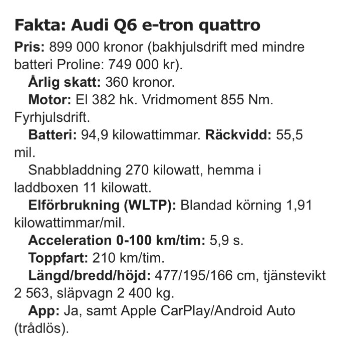 Specifikationer för Audi Q6 e-tron quattro, inklusive pris, motor, batteri, räckvidd, laddning, toppfart, dimensioner och app-stöd.