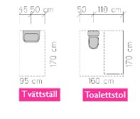 Planritning av toalett och tvättställ som visar mått i centimeter.