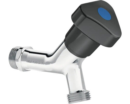 Förkromad tappventil med svart handtag, modell Trio Perfekta med typgodkänd backventil för installation i VVS-system.