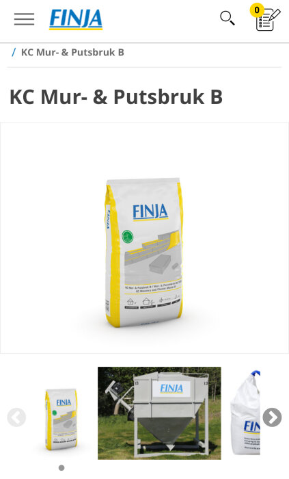 Säck med Finja KC Mur- & Putsbruk B för mur- och putsningsarbeten, illustrerad med användningsområden på förpackningen.