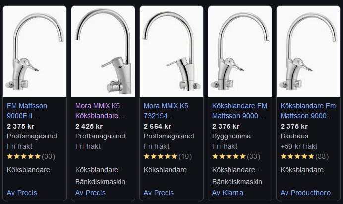 Fem köksblandare av olika märken och priser visas i en lista, inklusive Mora MMIX K5 som har funktion för bänkdiskmaskin.