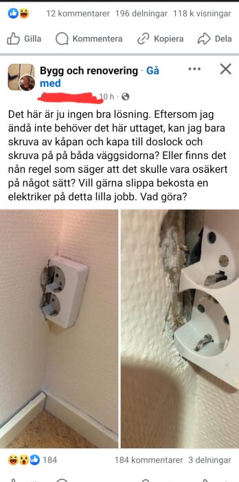 Eluttag monterat delvis in i hörnvägg, kabel synlig bakom uttaget, väggar och golv av vit panel och trädetaljer.