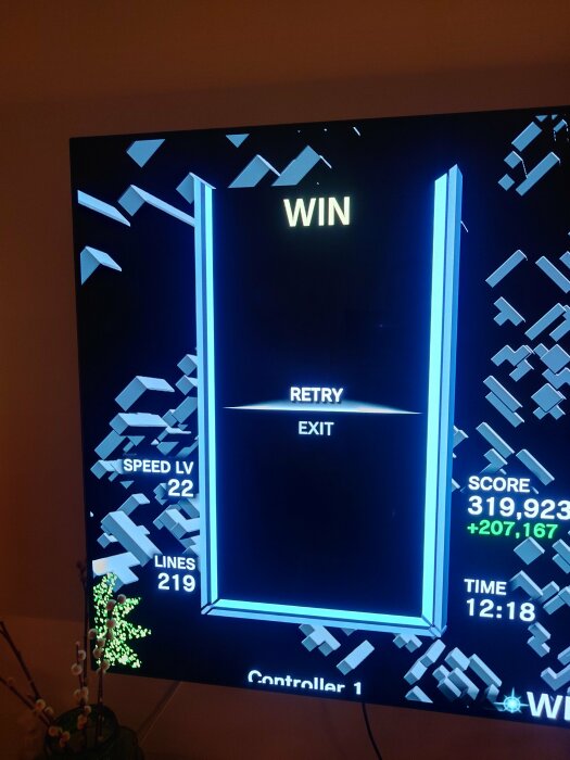Skärm med Tetrisresultat: "WIN", 319,923 poäng, 219 rader, hastighetsnivå 22. Alternativ för att spela om eller avsluta visas.