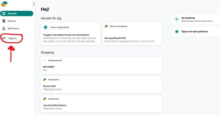 Skärmbild av Resurs banksida i Google Chrome på Windows 10 med huvudmeny och en röd markering kring "Logga ut"-knappen.