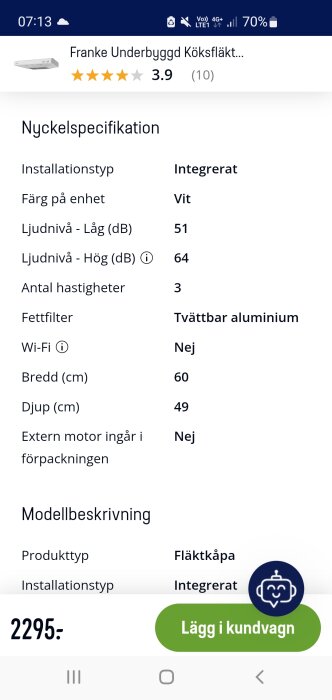 Skärmbild av produktsida för Franke underbyggd köksfläkt med specifikationer och pris, vit färg, 2295 kr.