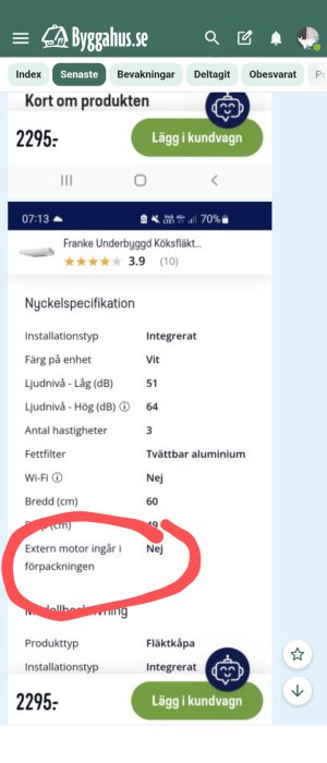 Specifikation för köksfläkt, extern motor ingår ej, markerat med röd cirkel.