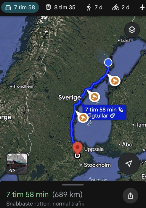 Karta med bilresa från norra Sverige till Uppsala, Sverige, markerat. Restid: 7 tim 58 min, 689 km. Snabbaste rutten, normal trafik.