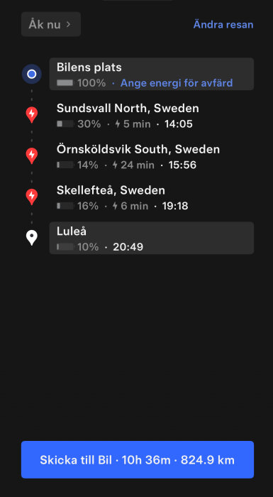 Tesla-app med ruttplanering, visar laddstationer och beräknad tid för resa från Sundsvall till Luleå med mellanliggande stopp.