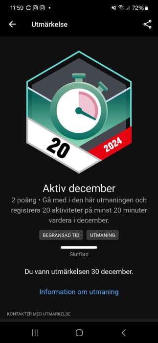 Stopwatch icon with the text "Aktiv december", indicating a completed challenge of recording 20 activities in December, awarded on December 30.