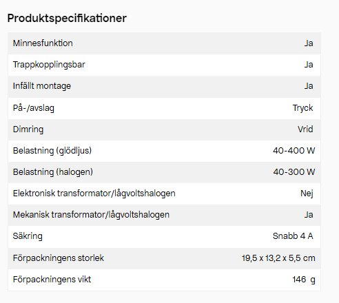 Produktens specifikationer med belastning för glödljus och halogen, trappkopplingsbar, dimring, på/av-läge, och förpackningsdetaljer.