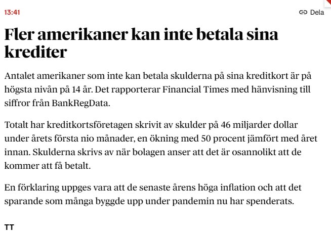 Tidningsartikel om ökande kreditkortsskulder i USA.