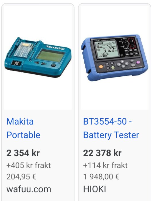 Makita Portable uppladdning och Hioki BT3554-50 batteritestare med priser och fraktkostnader.