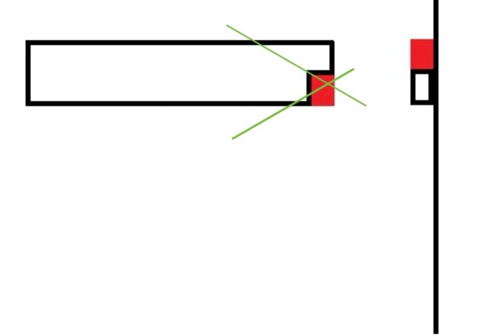 Diagram som visar en fackverkskonstruktion med limträbalk, markerad med röd förstärkning och gröna diagonalstreck för att illustrera skråskruvning.