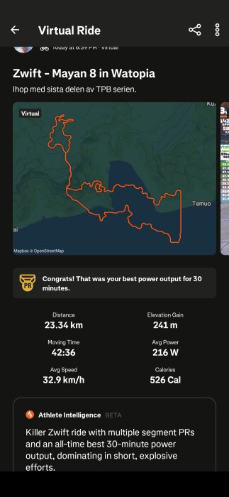 Karta över cykelrundan Mayan 8 i Watopia, 23,34 km, 241 m höjdmeter, 42 min, 32,9 km/h, bästa effekt på 30 min, 216 W, 526 kalorier förbrända.