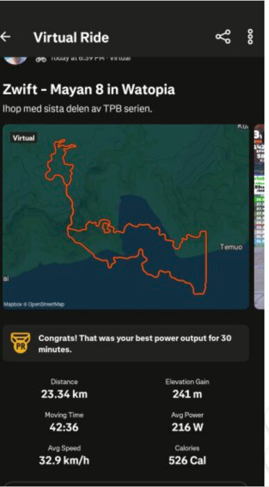 Virtuell cykeltur på 23,34 km i Zwift, Watopia; 241 m stigning, medelsnabbhet 32,9 km/h, och 526 kalorier förbrukade.