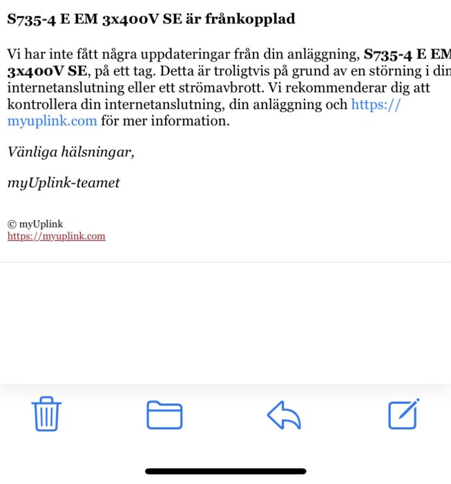 Skärmbild på meddelande från myUplink om att S735-4 E EM 3x400V SE är frånkopplad, med instruktioner att kontrollera internetanslutning.