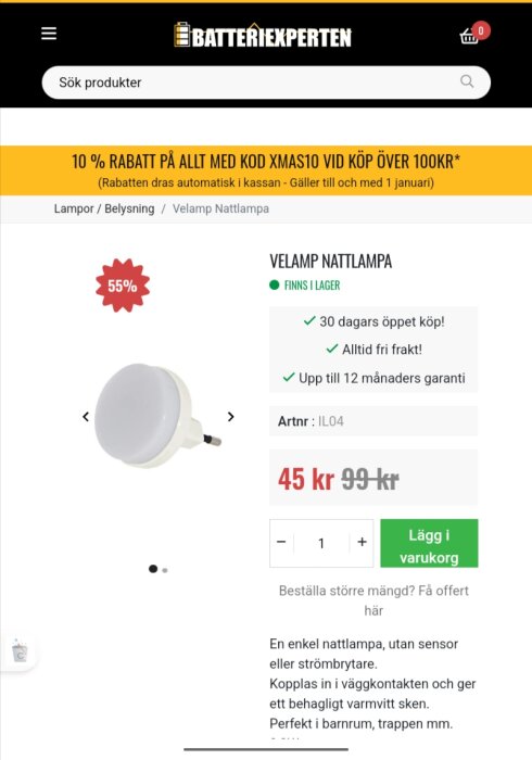 Velamp nattlampa med rabatt, finns i lager för 45 kr. Enkel design utan sensor, kopplas i väggen, ger varmvit sken. 30 dagars öppet köp, fri frakt.