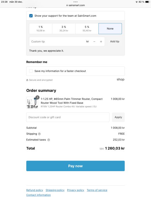 Skärmdump av kassa på SainSmart.com med beställningssammanfattning för 1.25 HP palm trimmer router, totalpris 1260,03 kr.