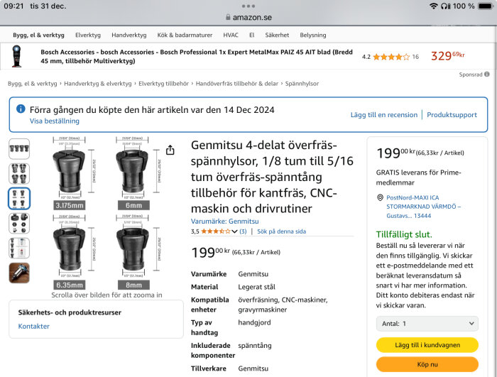 Amazon-produktbild och specifikationer för Genmitsu 4-delat överfräs-spännhylseset, kompatibelt med handfräsar och CNC-maskiner.